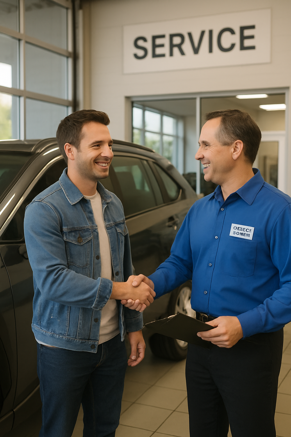 someone bringing their vehicle in for service at a car dealership and talking to or shaking hands with the service manager-1